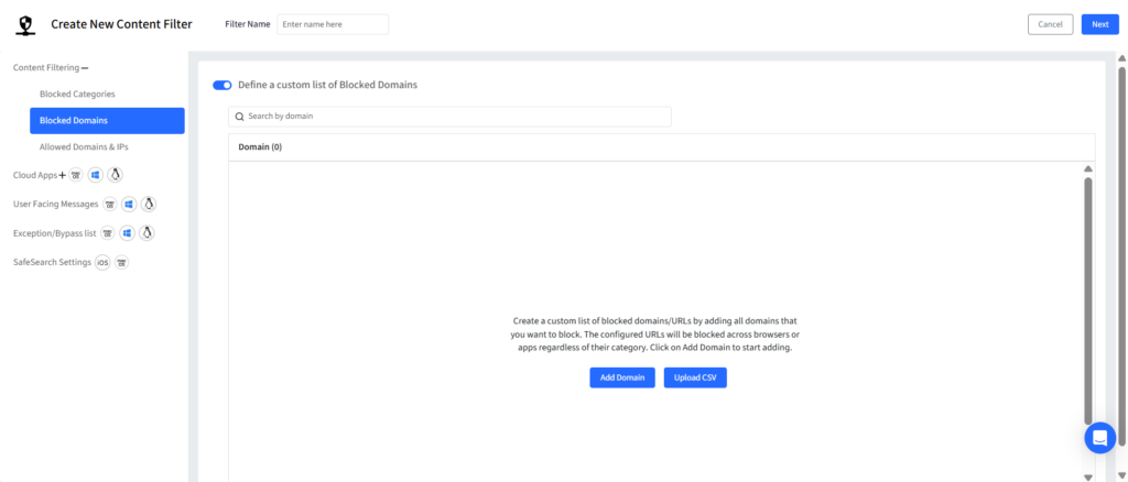 UI for creating a content filter; left navigation shows Blocked Domains, main area to add blocked domains with search, Add Domain, Upload CSV actions.
