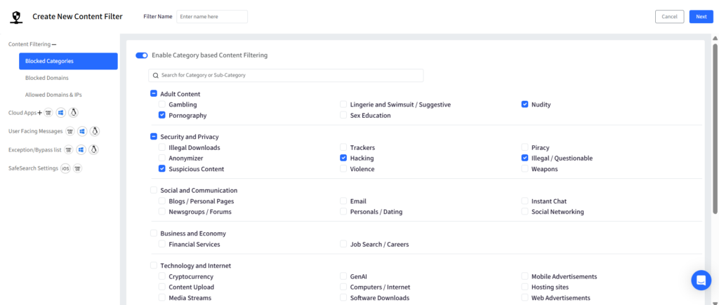 Screen showing a Content Filter settings panel titled 'Create New Content Filter' with categories and checkboxes (Adult Content, Security and Privacy, Social and Communication, etc.). Toggle for enabling category-based filtering at top left and a search field for categories.