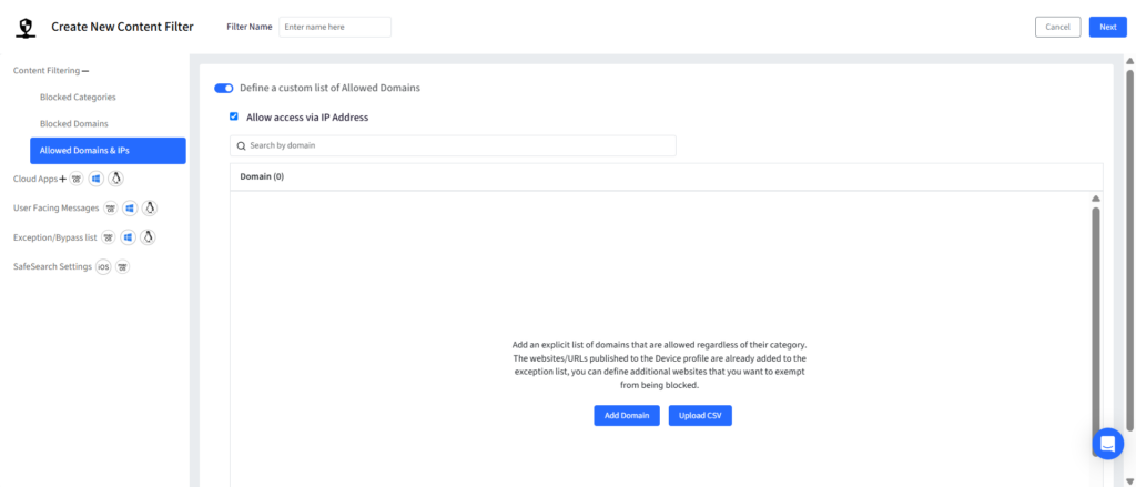 Screen showing Create New Content Filter: Allowed Domains & IPs panel with toggle, search by domain, and an empty Domain list.